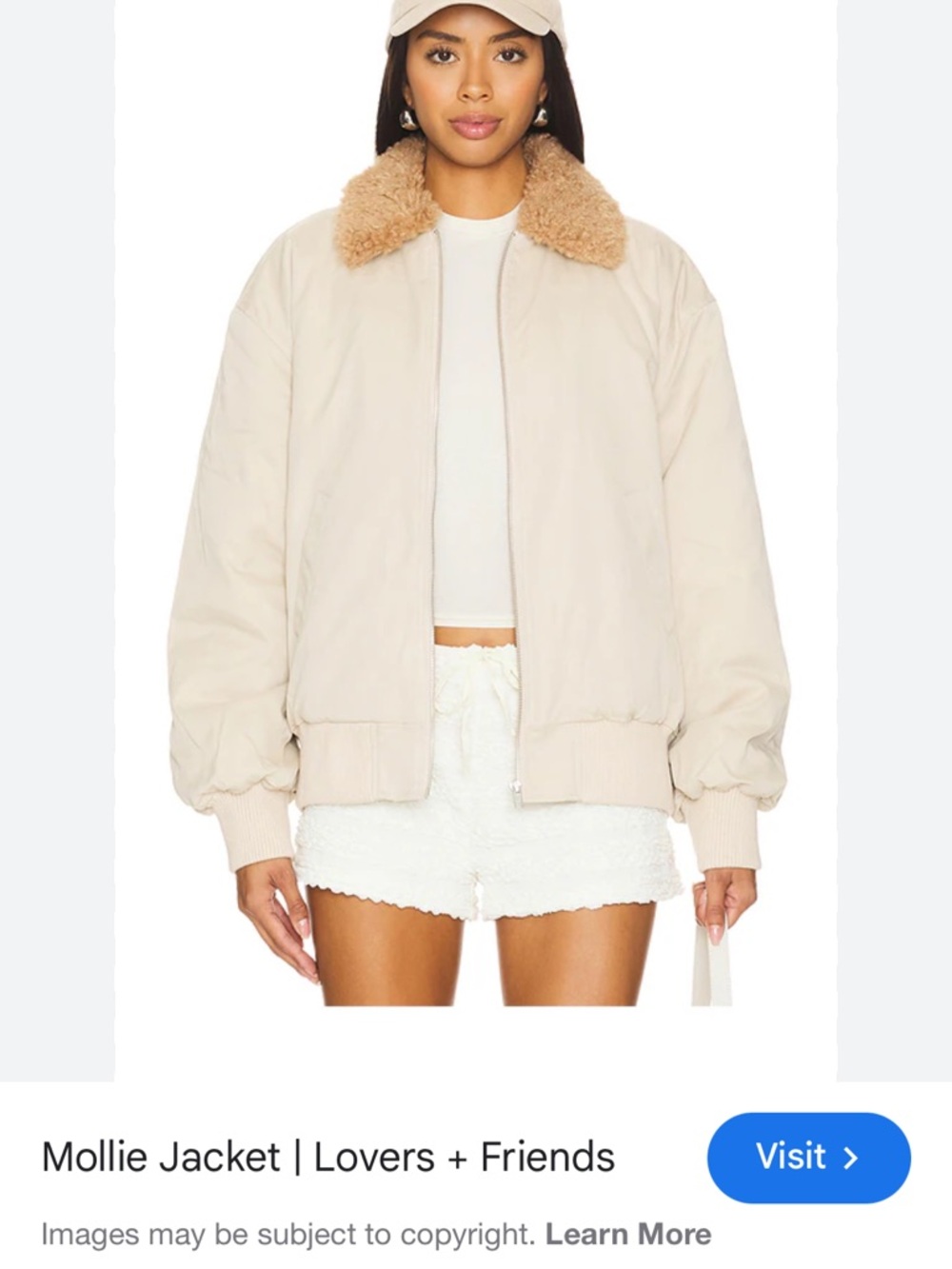 Lovers + Friends Bomber Jacket in Cream with Tan Faux Shearling Collar